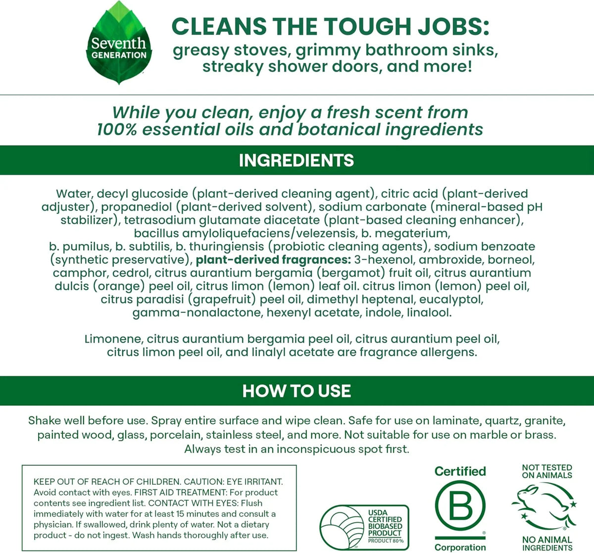 Seventh Generation Ultra Deep Probiotic Multi Surface Cleaner, 9.4 Fl Oz, Grapefruit & Orange, 80% USDA Biobased All Purpose Cleaning Spray, Breaks Down Tough Grease & Grime, Safe for Kids & Pets