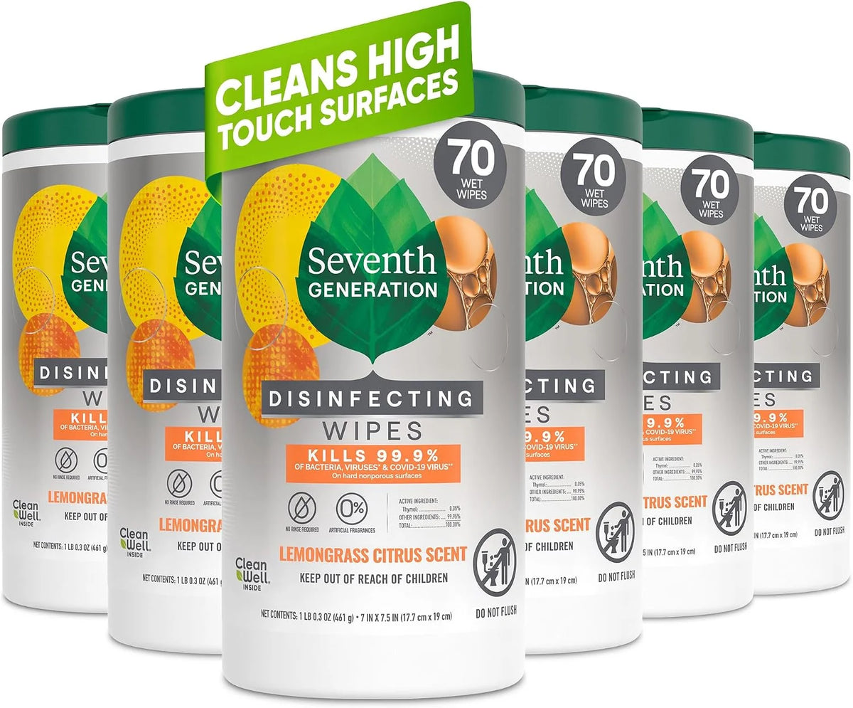 Seventh Generation Disinfectant Wipes Lemongrass Citrus Disinfectant Cleaner 70 Count 6 Pack