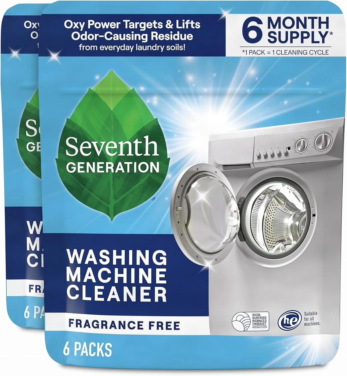 Seventh Generation Washing Machine Cleaner Free & Clear Targets Odor-Causing Residue Powered by Oxy Power 4.2 oz,6 Count (Pack of 2)