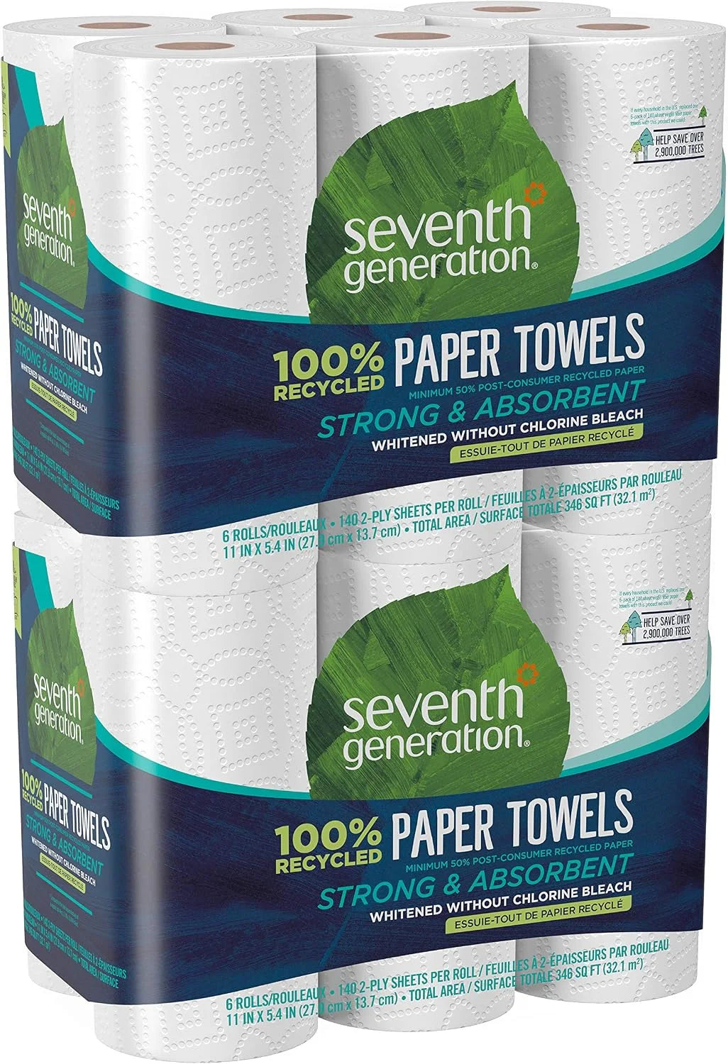 Seventh Generation Paper Towels, 100% Recycled Paper, 2-Ply, 6 Roll, 6 Count (Pack of 2)