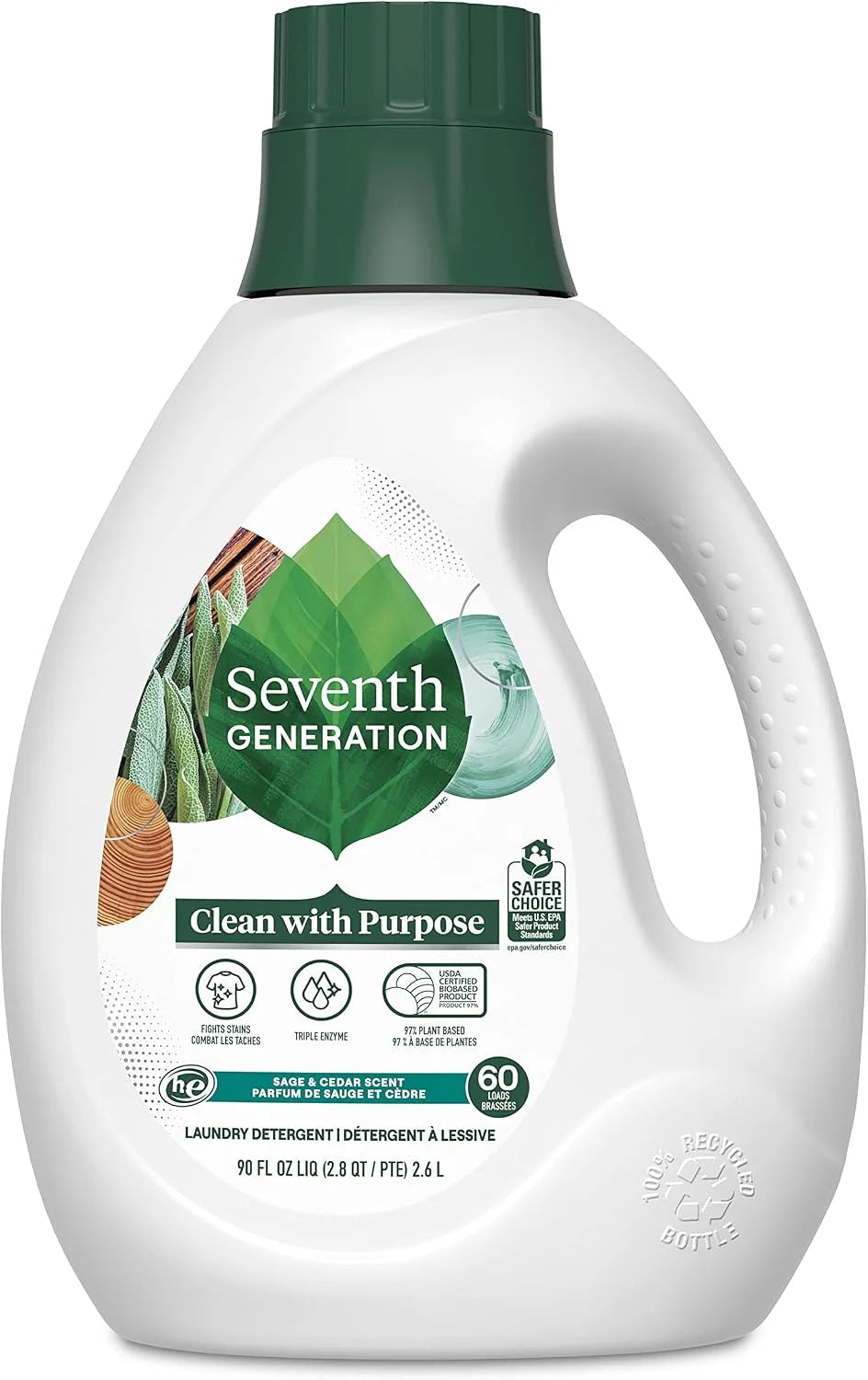 Seventh Generation Sage & Cedar Scent Liquid Laundry Detergent, 60 Loads, Dyes Free, 90 Fluid Ounces (Pack of 4)