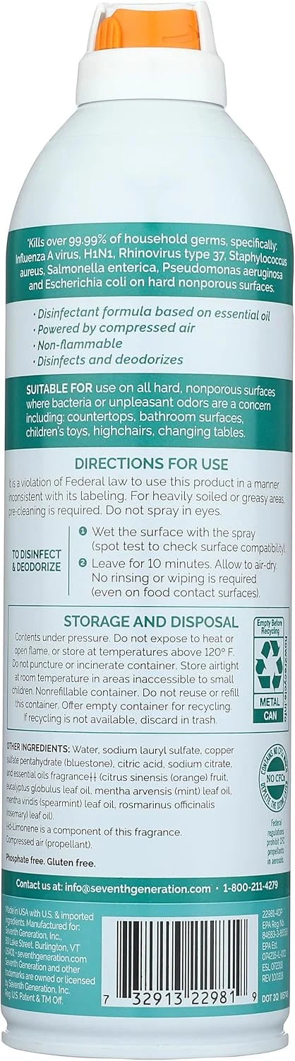 Seventh Generation Disinfecting Spray, Eucalyptus and Thyme, Disinfectant Made from Essential Oil, 13.9 Oz