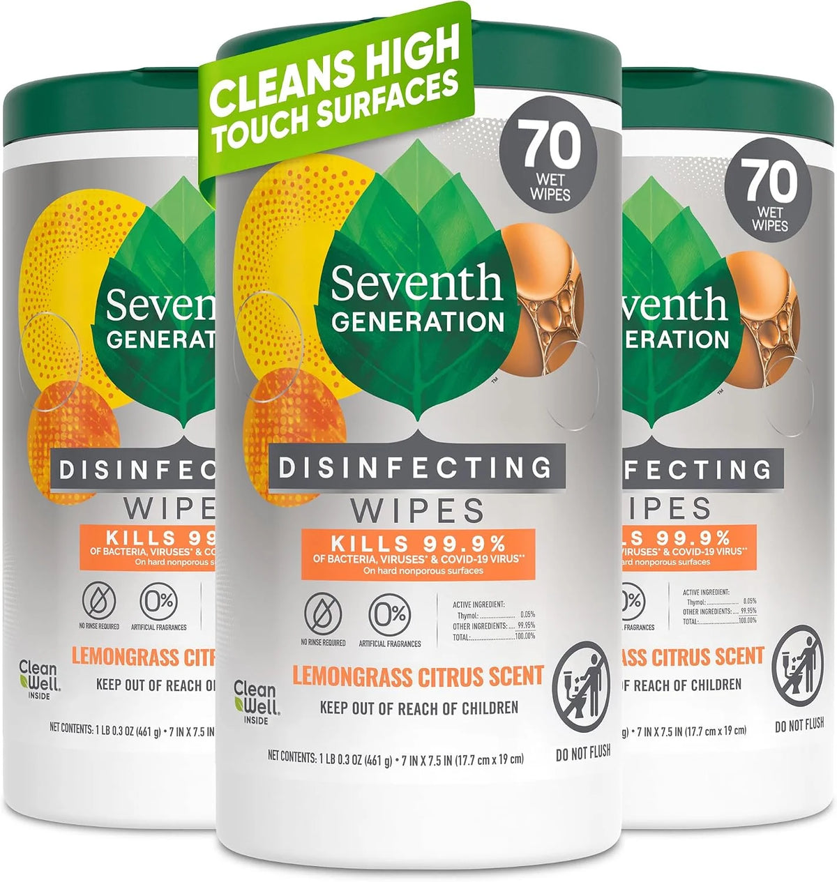 Seventh Generation Disinfecting Wipes, Lemongrass Citrus, 70 Ct, 3-Pack