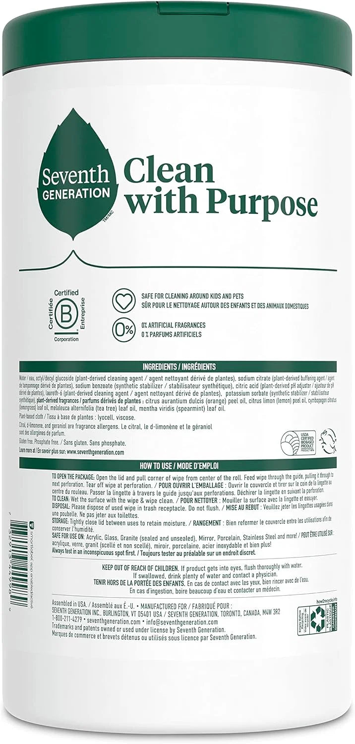 Seventh Generation, Multi-Surface Wipes, Lemon Zest scent, 70 Count