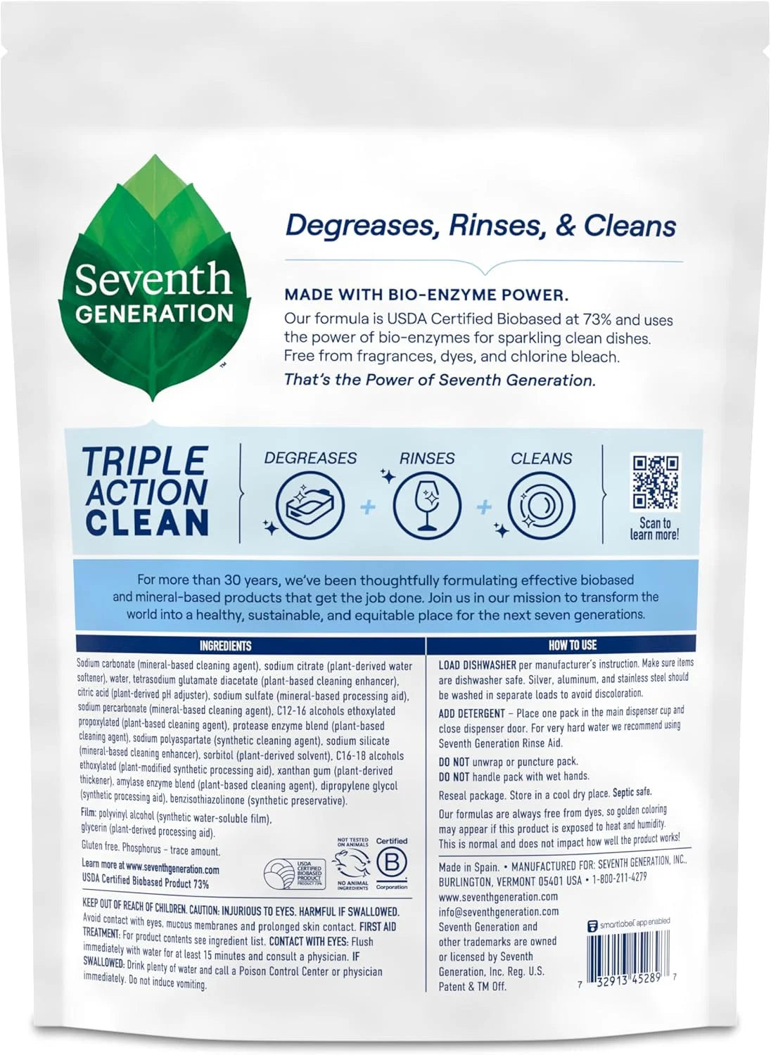 Seventh Generation Triple Chamber Dishwasher Packs, Free & Clear, 54 Count