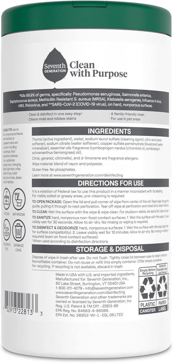 Seventh Generation Disinfecting Wipes, Lemongrass Citrus, 70 Ct, 3-Pack