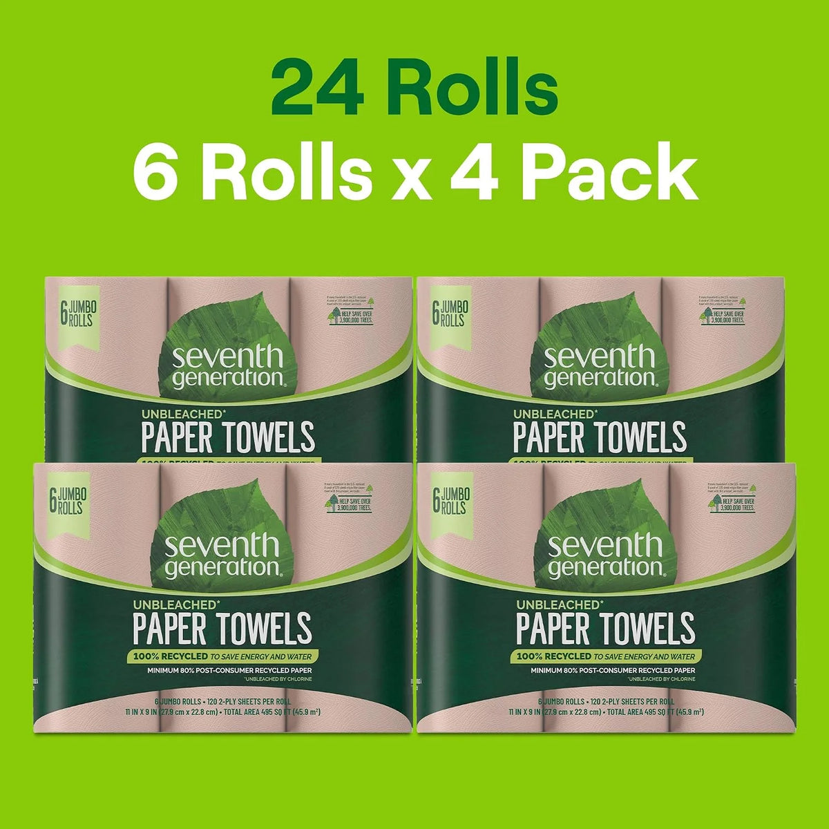 Seventh Generation Unbleached Paper Towels, 100% Recycled Paper, 6 Count, Pack of 4