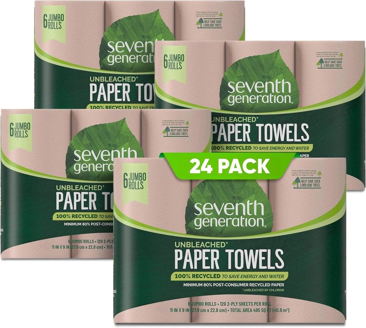 Seventh Generation Unbleached Paper Towels, 100% Recycled Paper, 6 Count, Pack of 4
