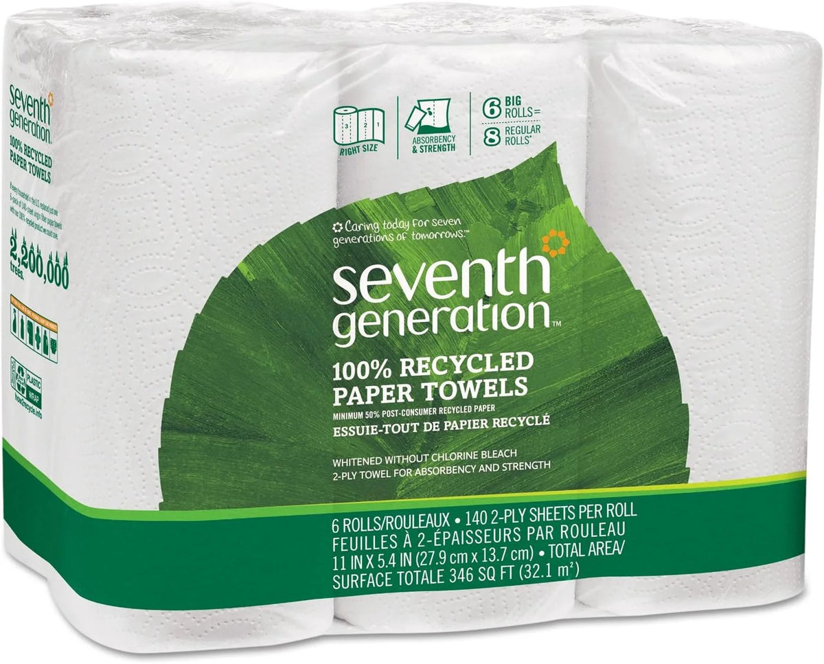 Seventh Generation 13731CT 100% Recycled Paper Towel Rolls, 2-Ply, 11 x 5.4 Sheets, 140 Sheets Per Roll, 4 Packs of 6 Rolls (Case of 24)