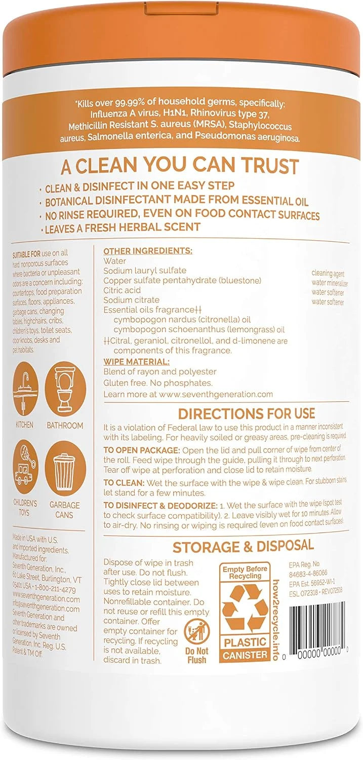 Seventh Generation Disinfectant Wipes Lemongrass Citrus Disinfectant Cleaner 70 Count 6 Pack